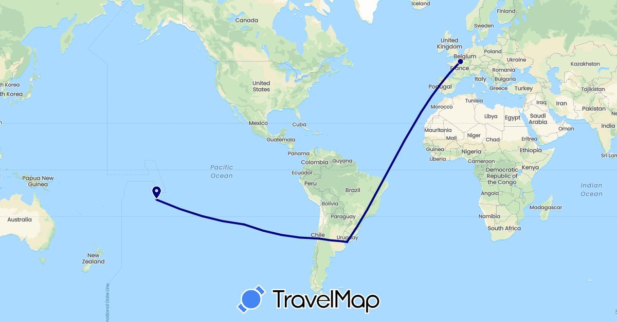 TravelMap itinerary: driving in Argentina, Chile, France, Uruguay (Europe, South America)